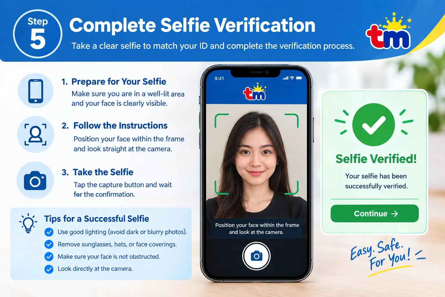 Complete selfie verification for TM SIM registration using a smartphone