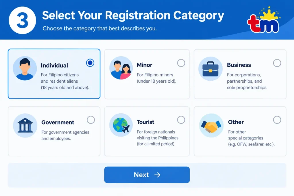 Select your registration category for TM SIM registration in the Philippines